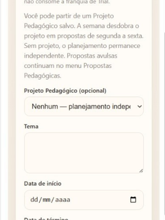 Página inicial de planejamento